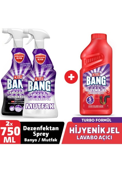 Turbo Hijyenik Jel Lavabo Açıcı 500 ml + Mutfak Sprey 750 ml + Banyo Sprey 750 ml indirimleri