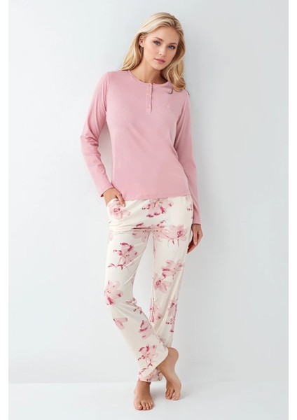 Kadın Giyim Modal & Pamuk Düğme Detaylı Uzun Kol 2'li Pembe Pijama Takımı modelleri