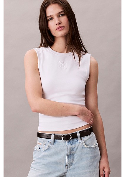 Kadın Regular Kalıp Nervürlü T-Shirt - Beyaz