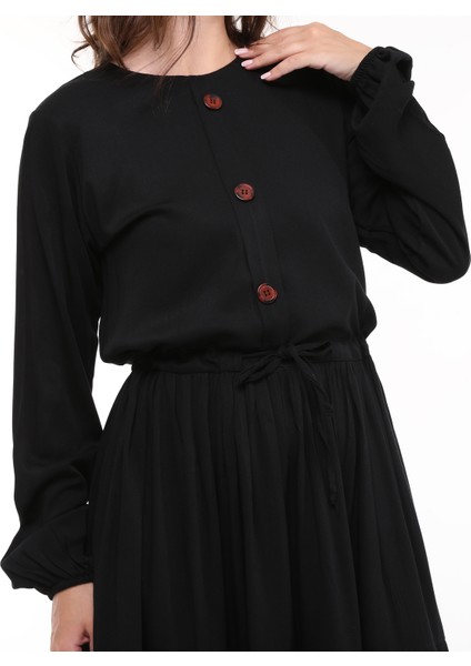 Viskon Kumaş Siyah Uzun Tesettür Elbise