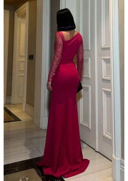 Kadın Esnek Krep Kumaş Kolları Tül ve Taş Detaylı Önü Drapeli Maxi Boy Balık Abiye Elbise Fuşya 583118 fırsatları