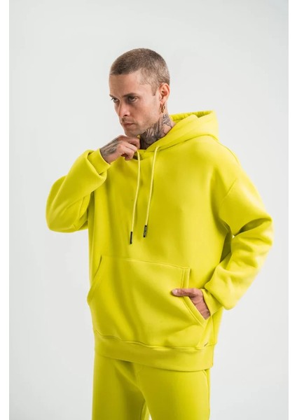 Unisex Double Oversize Kapşonlu Basic Sweatshirt - Sarı modelleri