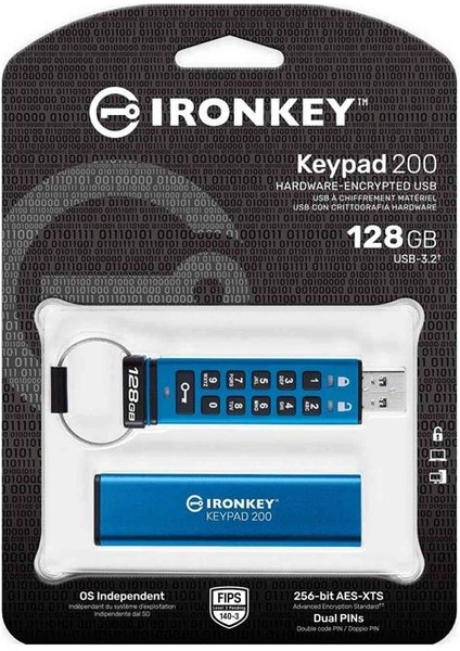 Kingston IKKP200-128GB 128GB Ironkey Keypad 200, Fıps 140-3 Lvl 3 (Pending) Flash Bellek