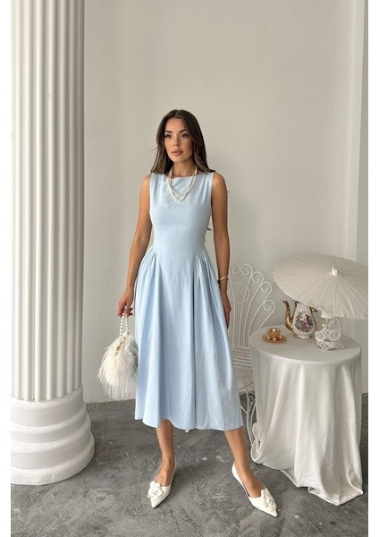 Mavi Yanları Büzgülü Midi Boy Keten Elbise fiyatları