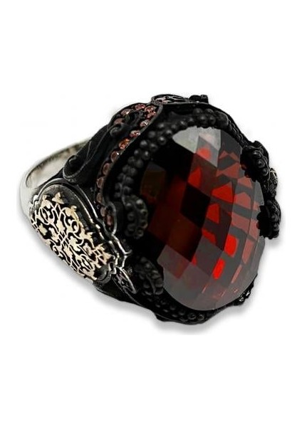 Gümüş Erkek Kırmızı Taşlı Damask Desen Yüzük