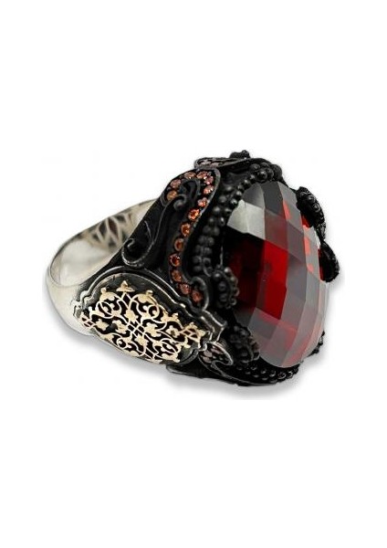 Gümüş Erkek Kırmızı Taşlı Damask Desen Yüzük fiyatları