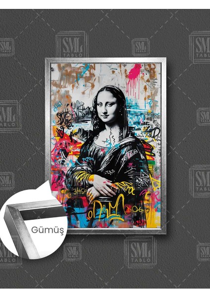 Monalisa Banksy Mona Lisa Leonardo Da Vinci Grafitti Sokak Sanatı Çerçeveli Dikey Kanvas Tablo