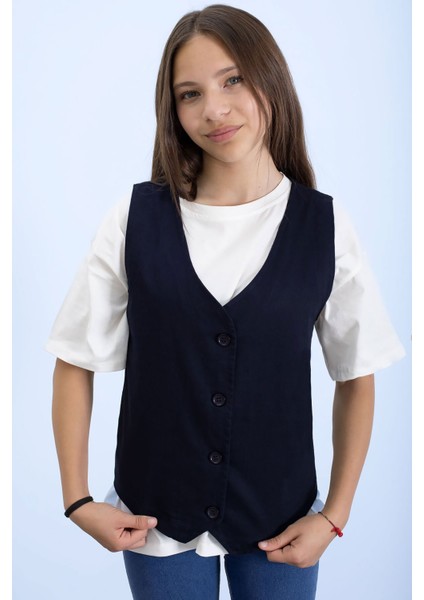 Lacivert Keten Düğmeli Yelekli Oversize Tişörtlü Kız Çocuk 2li Takım 21007