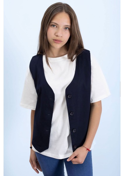 Lacivert Keten Düğmeli Yelekli Oversize Tişörtlü Kız Çocuk 2li Takım 21007 fiyatları