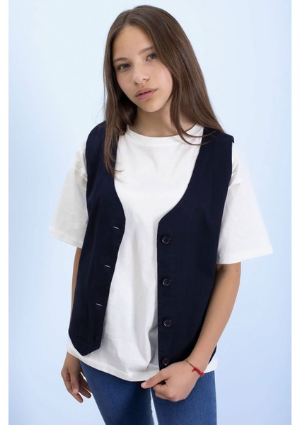 Lacivert Keten Düğmeli Yelekli Oversize Tişörtlü Kız Çocuk 2li Takım 21007 modelleri