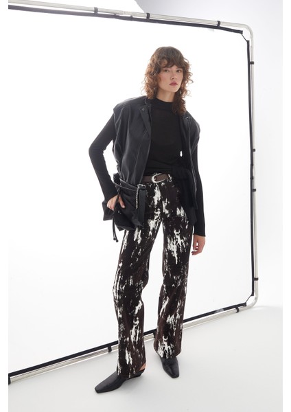 Wide Leg Desenli Denim Kahverengi