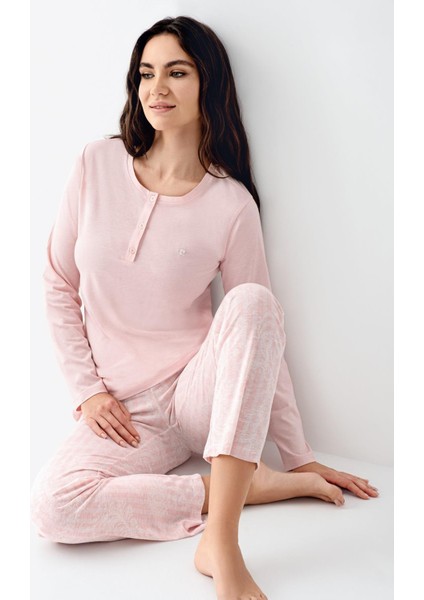 Paris Büyük Beden Kadın Modal Pamuklu Pembe Düğmeli Uzun Kollu Pijama Takım