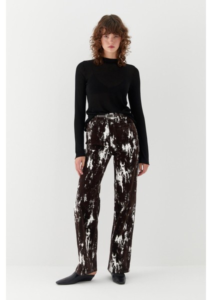 Wide Leg Desenli Denim Kahverengi modelleri