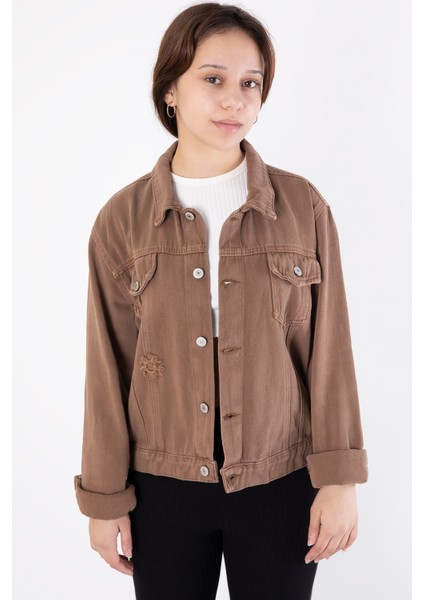Kahverengi Ön Cepli Nakış Detaylı Kız Çocuk Jean Ceket 20360