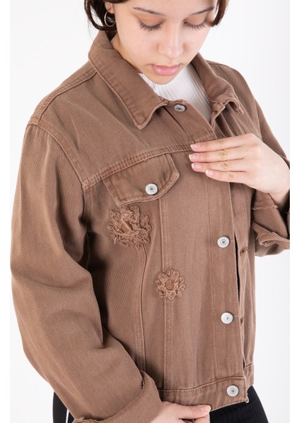 Kahverengi Ön Cepli Nakış Detaylı Kız Çocuk Jean Ceket 20360 fiyatları