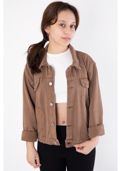 Kahverengi Ön Cepli Nakış Detaylı Kız Çocuk Jean Ceket 20360 modelleri