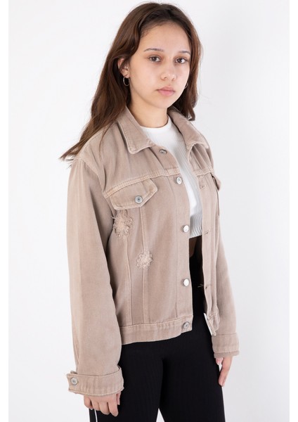 Bej Ön Cepli Nakış Detaylı Kız Çocuk Jean Ceket 20359