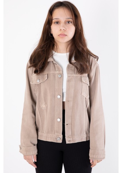 Bej Ön Cepli Nakış Detaylı Kız Çocuk Jean Ceket 20359 modelleri