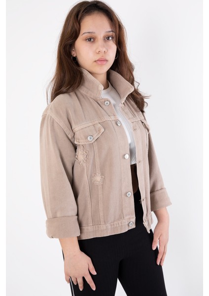 Bej Ön Cepli Nakış Detaylı Kız Çocuk Jean Ceket 20359 fırsatları