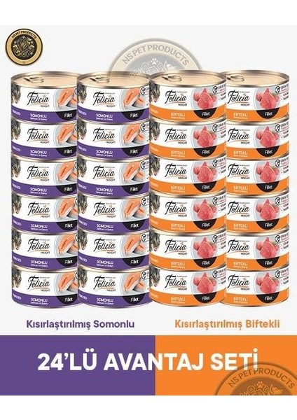 Kısırlaştırılmış Biftekli-Somonlu Yetişkin Kedi Konservesi 24X85GR