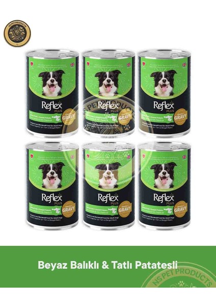 Plus Sos Içinde Et Parçacıklı Beyaz Balıklı ve Tatlı Patatesli Yetişkin Köpek Maması 6X400GR