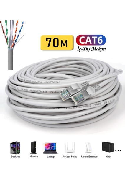 70 Metre Cat6 Internet Kablosu Utp Patch Açık Gri (Dış Ortam Içinde Düşünülebilir)