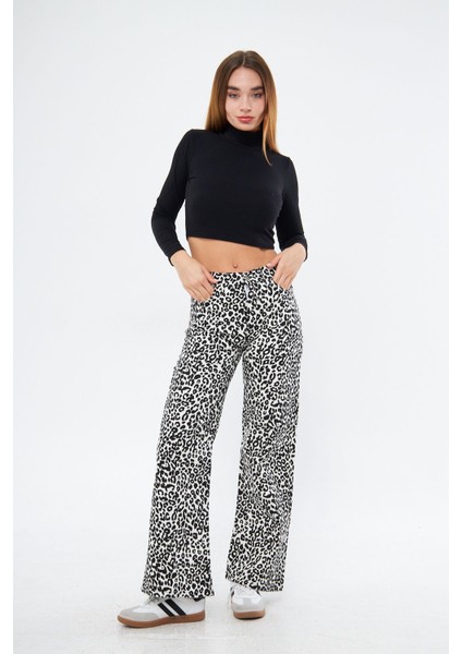 Kadın Leopar Desenli Yüksel Bel Geniş Paça Palazzo Pantolon