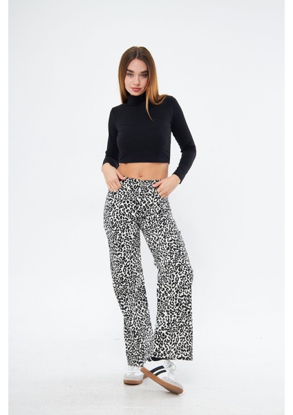 Kadın Leopar Desenli Yüksel Bel Geniş Paça Palazzo Pantolon modelleri