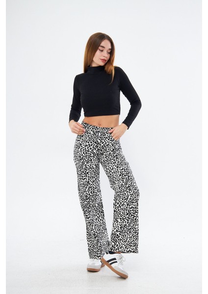 Kadın Leopar Desenli Yüksel Bel Geniş Paça Palazzo Pantolon fırsatları