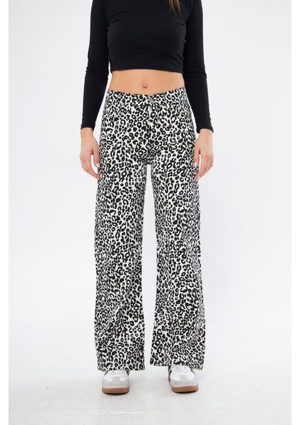 Kadın Leopar Desenli Yüksel Bel Geniş Paça Palazzo Pantolon