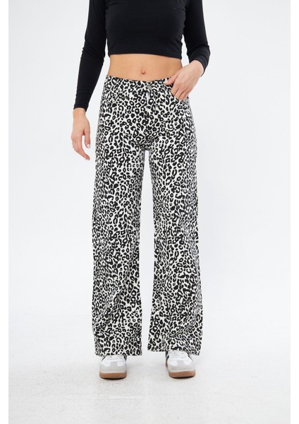 Kadın Leopar Desenli Yüksel Bel Geniş Paça Palazzo Pantolon