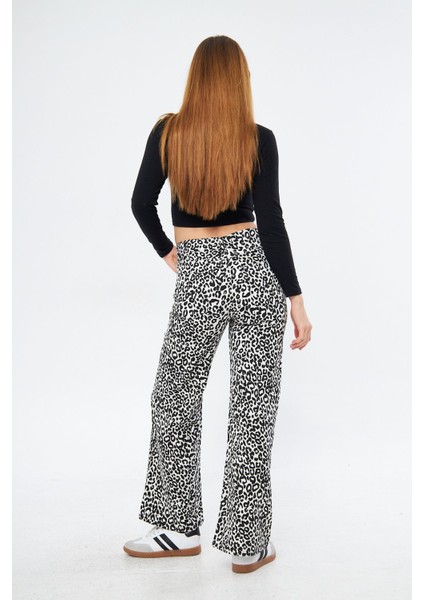 Kadın Leopar Desenli Yüksel Bel Geniş Paça Palazzo Pantolon