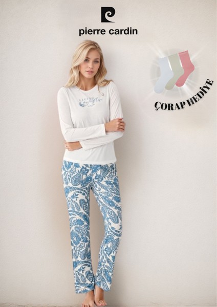 Kadın Giyim Modal & Pamuk Uzun Kol 2'li Beyaz Pijama Takımı