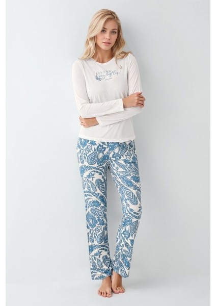 Kadın Giyim Modal & Pamuk Uzun Kol 2'li Beyaz Pijama Takımı modelleri