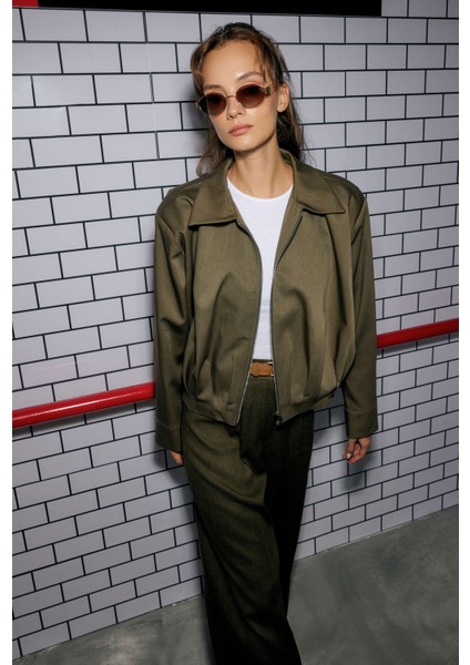 Pile Detaylı Poliviskon Ceket Haki