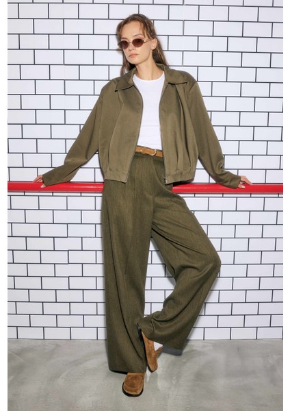 Pile Detaylı Palazzo Pantolon Orman Yeşili