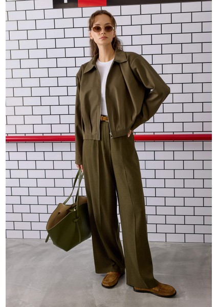 Pile Detaylı Palazzo Pantolon Orman Yeşili modelleri