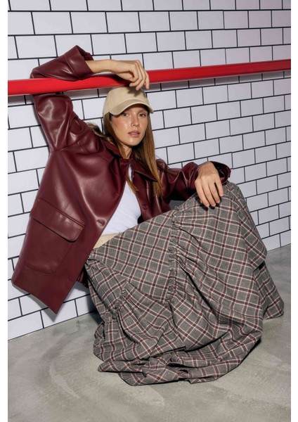 Ekoseli Bohem Etek Bordo