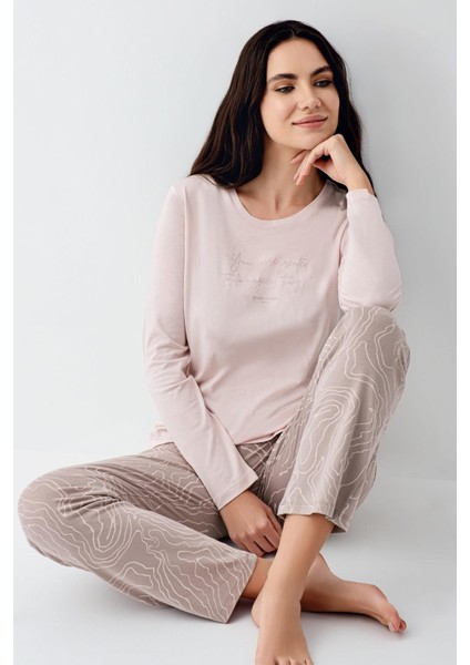 Paris Modal Pamuklu Kadın Pembe Desenli Uzun Kollu Pijama Takım