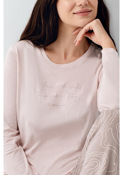 Paris Modal Pamuklu Kadın Pembe Desenli Uzun Kollu Pijama Takım modelleri