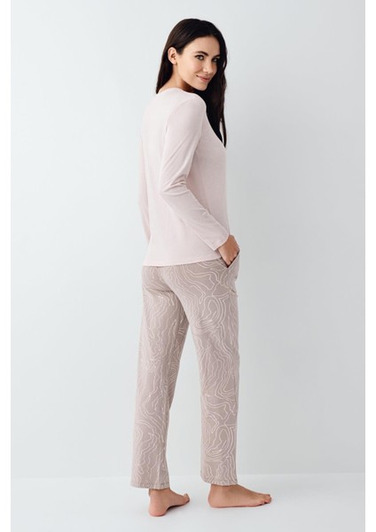 Paris Modal Pamuklu Kadın Pembe Desenli Uzun Kollu Pijama Takım fırsatları