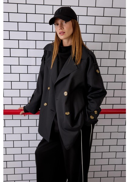 Kruvaze Kesim Trençkot Siyah