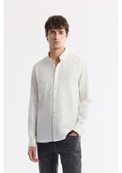 Erkek Regular Fit Beyaz Düğmeli Yaka %100 Pamuk Oxford Basic Gömlek B002034