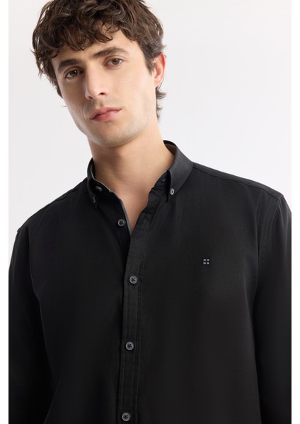 Erkek Regular Fit Siyah Düğmeli Yaka %100 Pamuk Oxford Basic Gömlek B002034