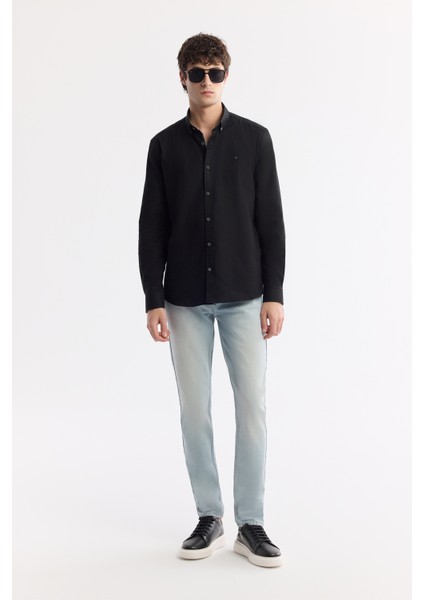 Erkek Regular Fit Siyah Düğmeli Yaka %100 Pamuk Oxford Basic Gömlek B002034