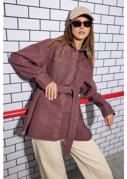 Kemerli Denim Gömlek Bordo