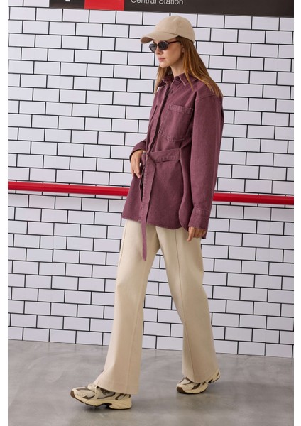 Kemerli Denim Gömlek Bordo modelleri