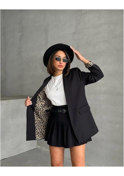 Iç Leopar Desenli Siyah Blazer Ceket