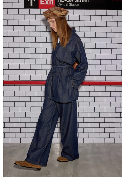 Pile Detaylı Denim Pantolon Mavi