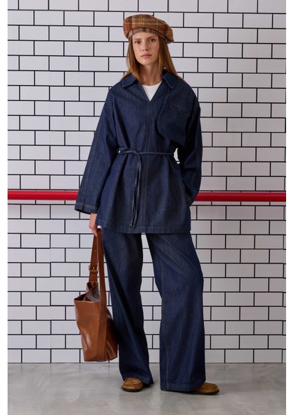 Pile Detaylı Denim Pantolon Mavi modelleri